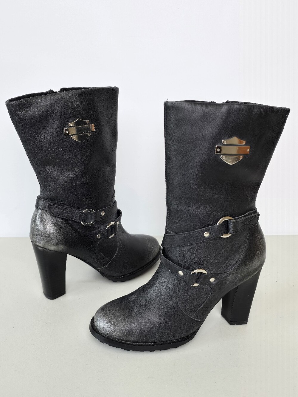 Harley-Davidson Mylie Heeled Leather Moto Boots Black Silver Burnished Size 7.5